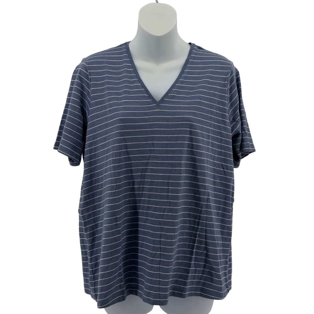 Eileen Fisher Organic Cotton Slub Stripe V-Neck Top Women Small Blue White